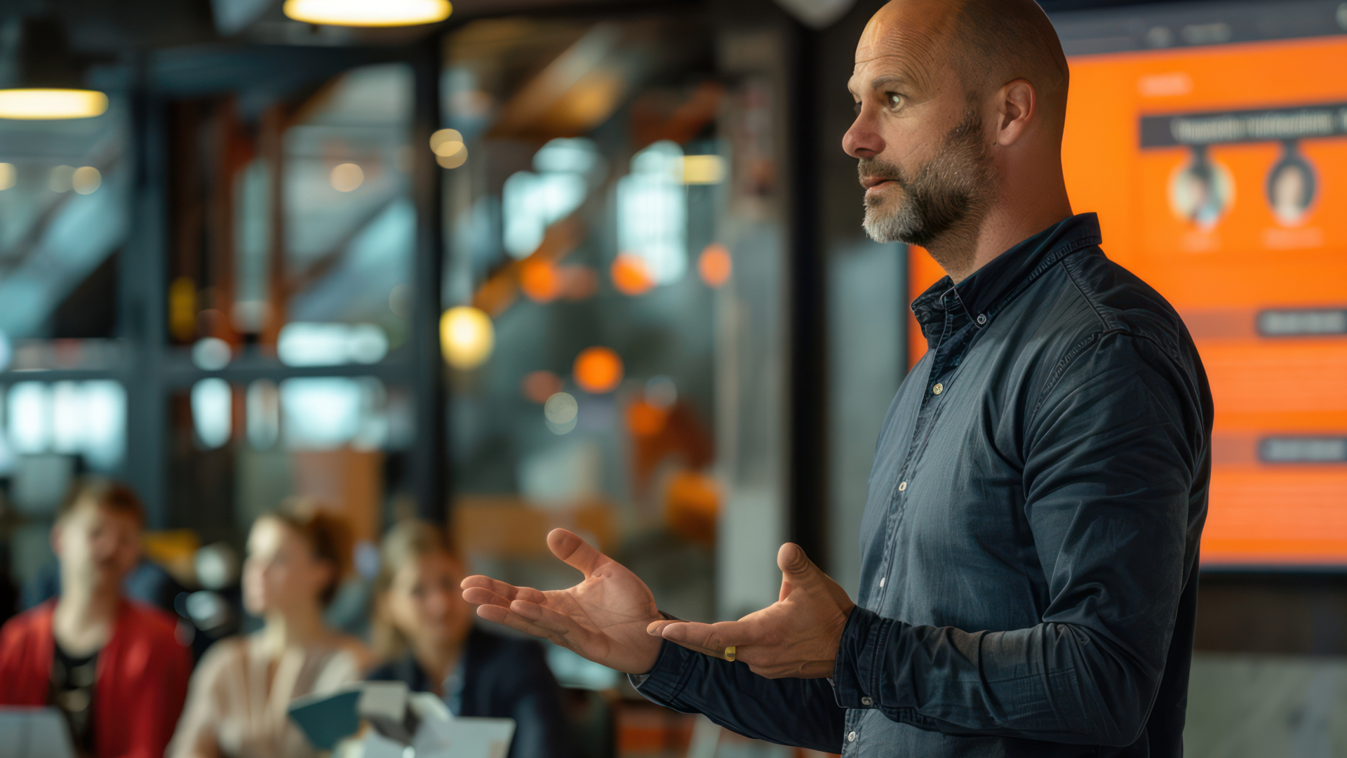 Consultor sênior da Fenicio ministrando workshop de estratégia empresarial e vendas para audiência corporativa.