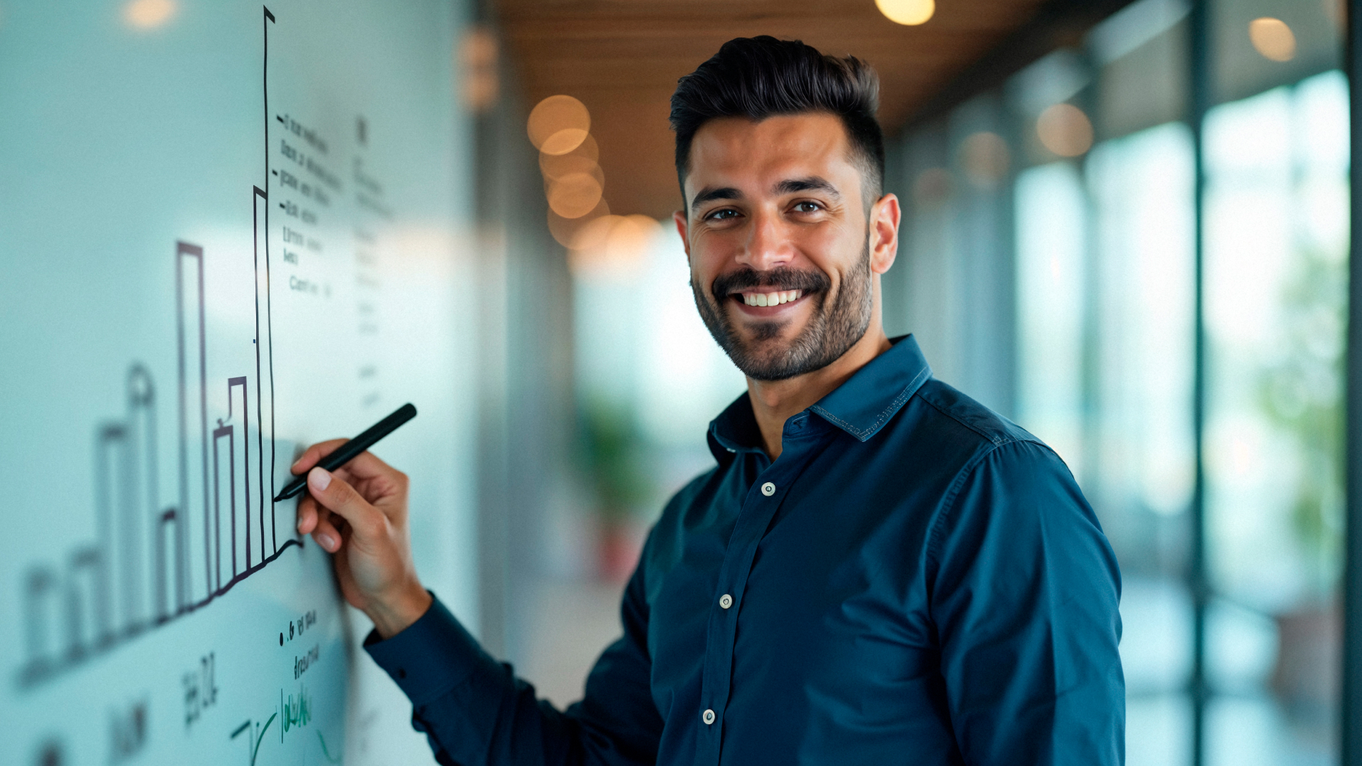 Colaboradora sorridente segurando tablet em frente a prateleiras de estoque organizado, representando o sucesso do treinamento operacional da Fenicio.
