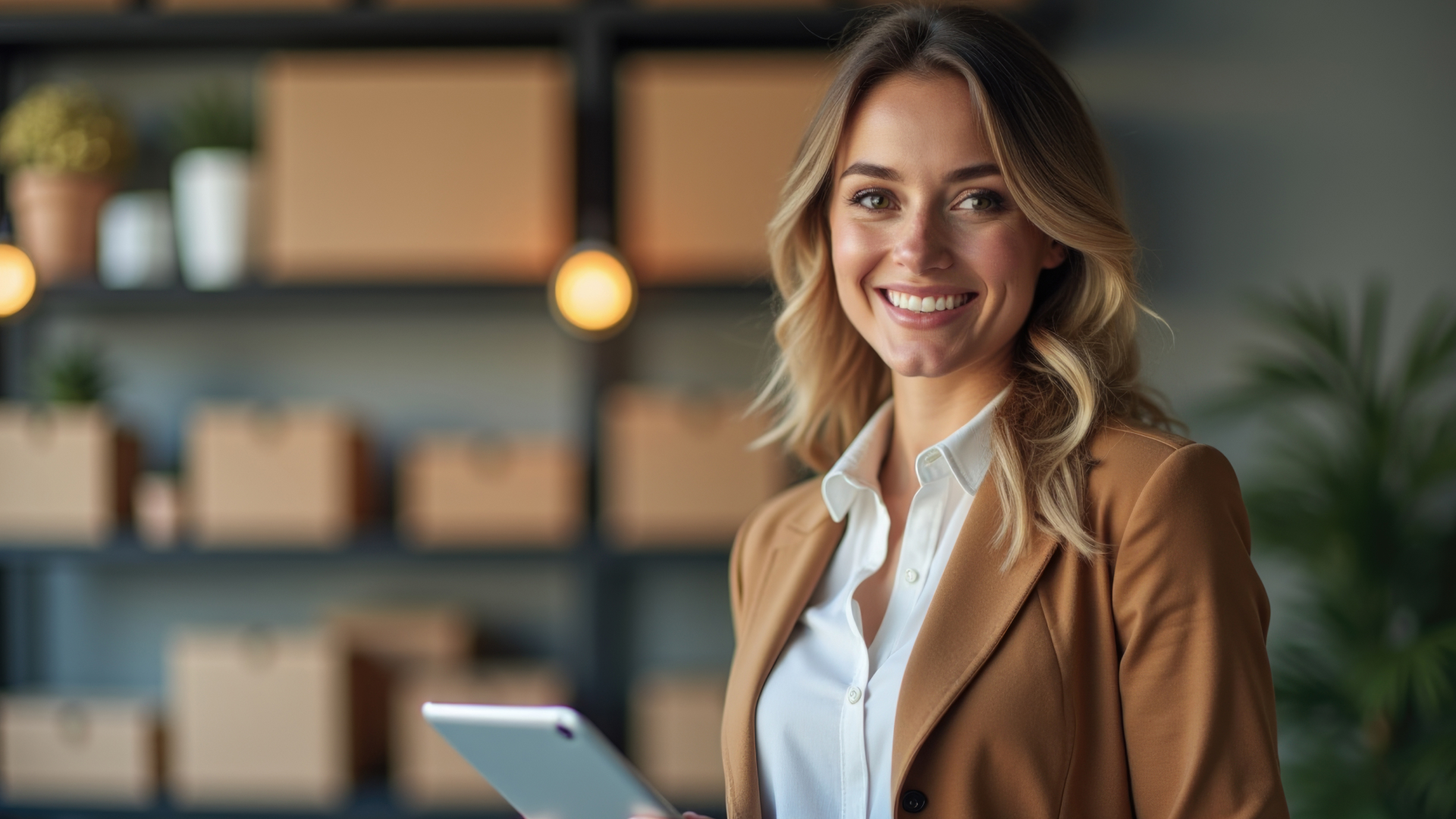 Consultora da Fenicio utilizando tablet em ambiente de logística, representando o treinamento para gestão de estoque e eficiência operacional.