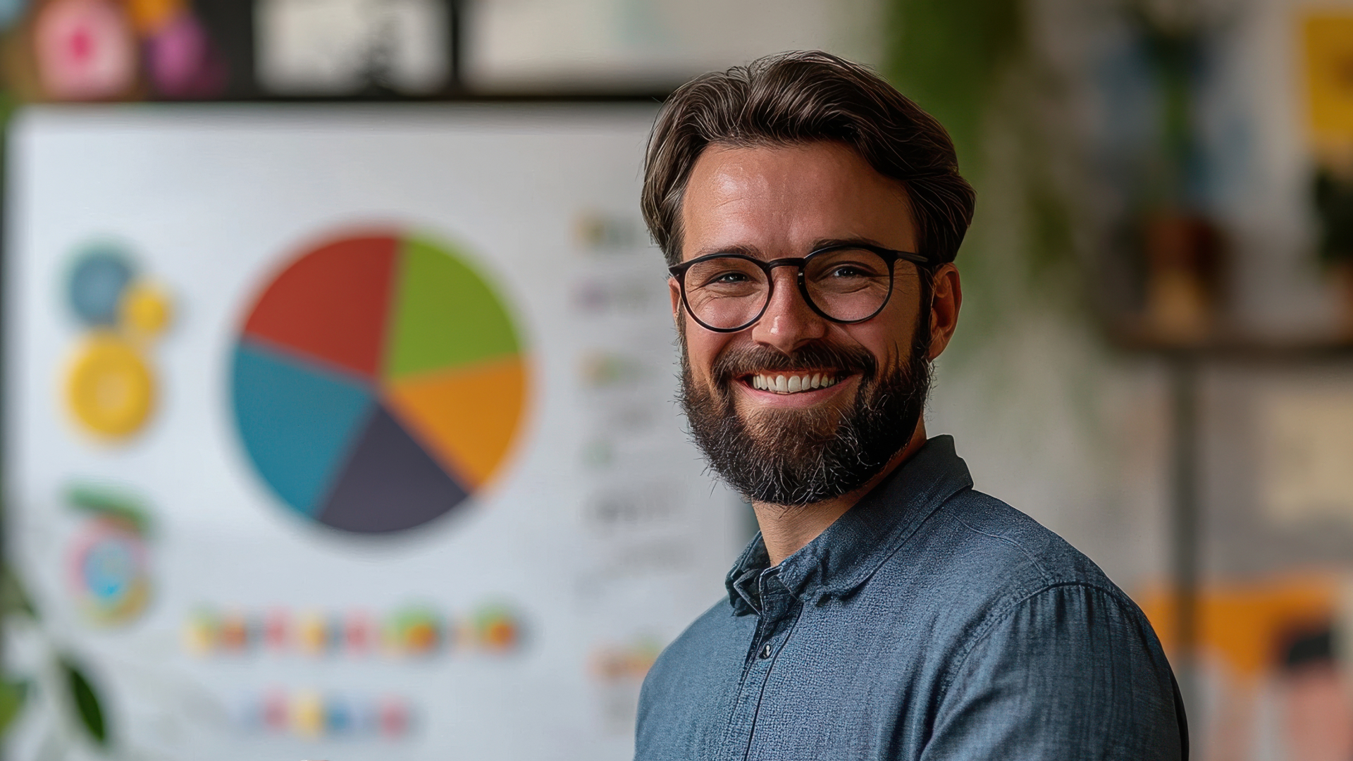 Especialista da Fenicio sorridente em frente a gráfico de pizza estratégico, representando a clareza na análise de dados e treinamentos corporativos.