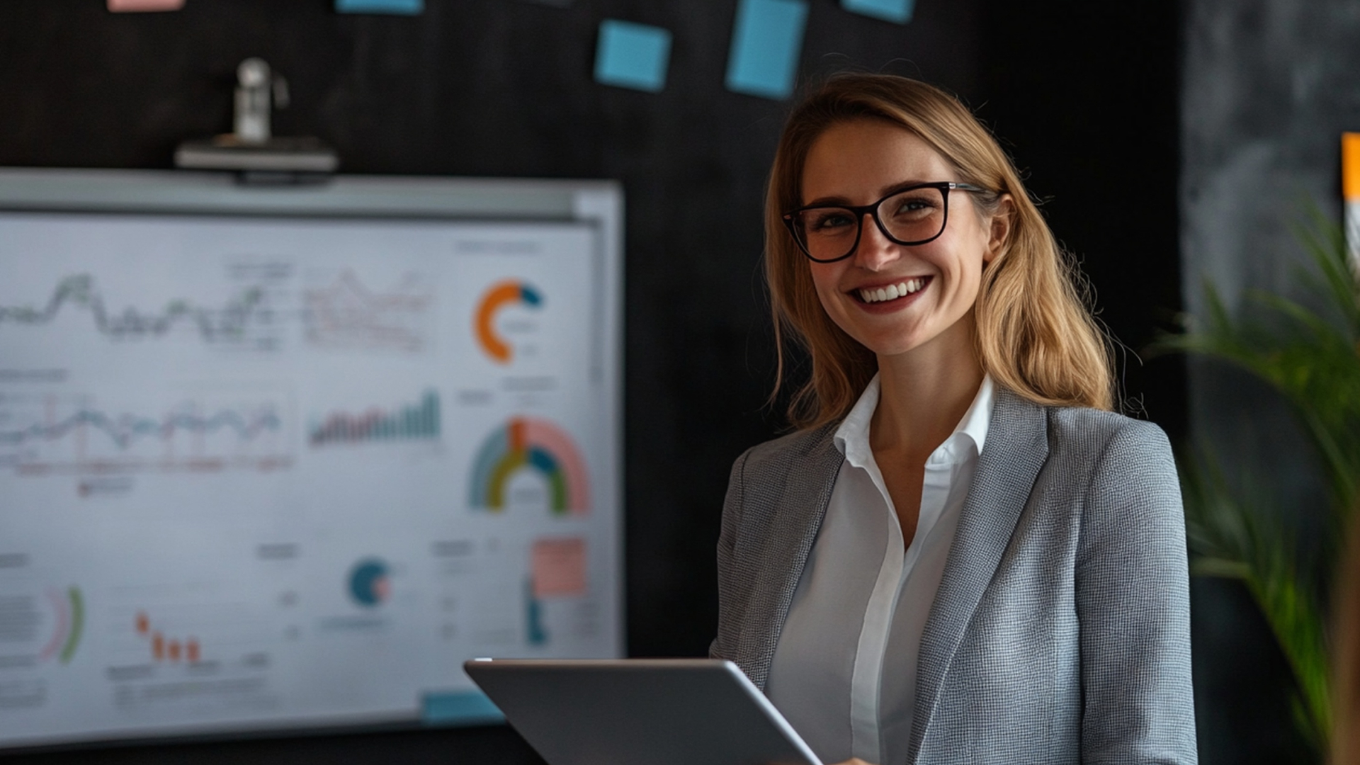 Especialista da Fenicio sorridente segurando tablet em frente a quadro de métricas e KPIs de receita, representando o sucesso do treinamento estratégico.