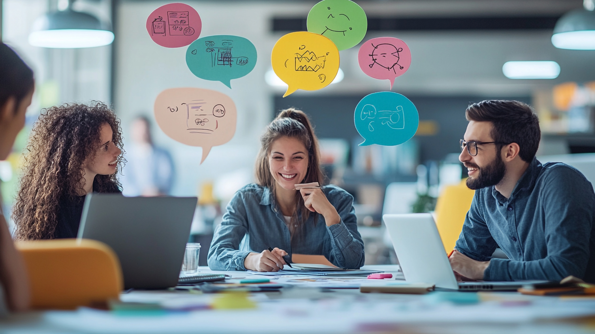 Duas consultoras da Fenicio sorridentes e uniformizadas com a camiseta 'Vendedores', prontas para ministrar treinamento corporativo em escritório moderno.